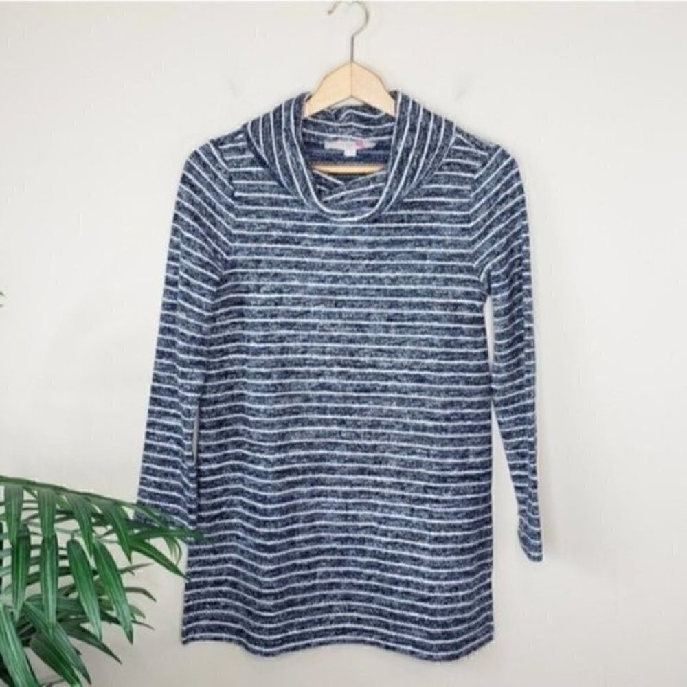 LOFT Heather Navy White Striped Cowl Neck Tunic Sweater Size XS Winter Cozy Warm